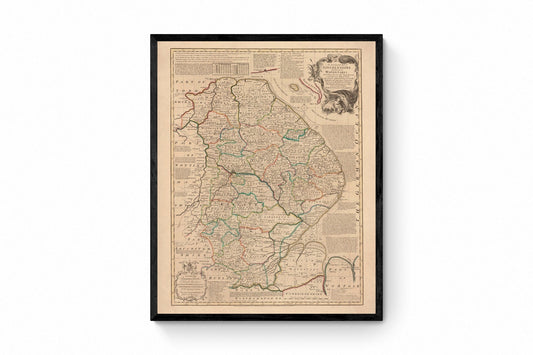 Lincolnshire Map dated 1755 - Antique Reproduction - Emanuel Bowen - Detailed County Map - Available Framed