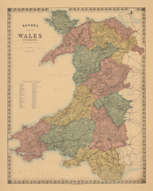 Wales map from Ordnance Surveys dated c.1890 - Antique Reproduction - Available Framed