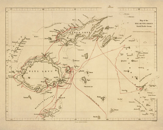 Map of the Fiji or Viti Group dated 1864 - Antique Reproduction - Pacific Islands - Available Framed