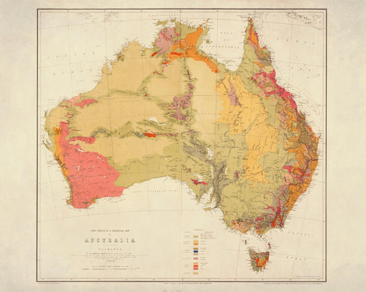 Geological Map of Australia - Dated 1875 - Antique Reproduction - Geology Map - Available Framed