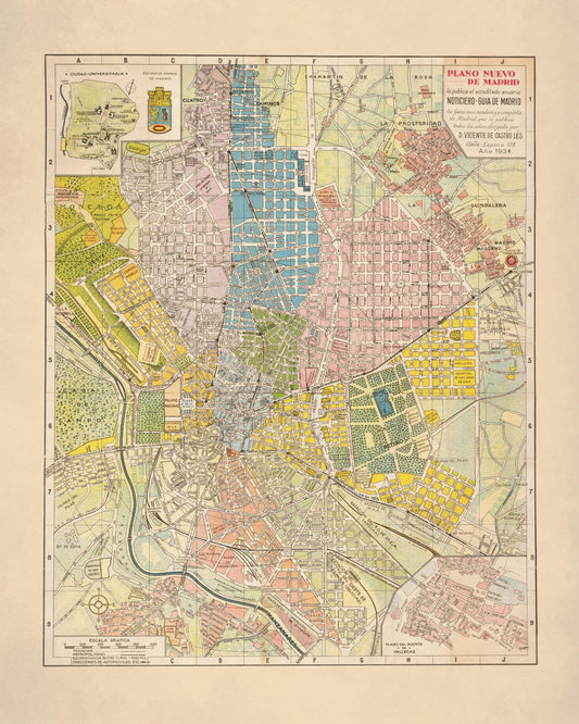 Madrid City Plan - dated 1934 - Spain - Antique Reproduction Map - Available Framed