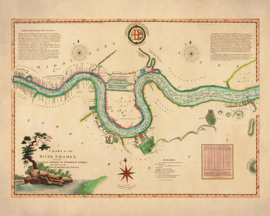River Thames from London Bridge to Woolwich Warren Antique Map - dated 1802 - Antique Reproduction - Available Framed