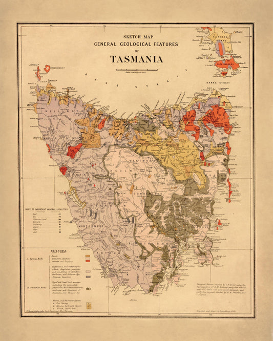 Tasmania Geological Antique Map - dated c.1890 - Australia - Antique Reproduction - Available Framed