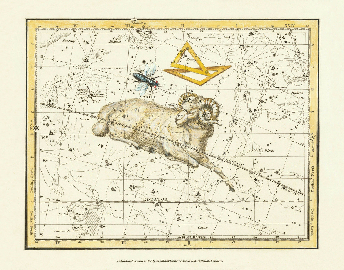 Aries, Triangula and Musca Constellations Antique Reproduction 1822 – antique art print from Ninska Designs