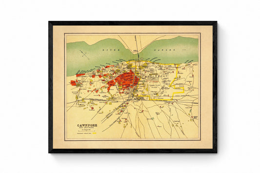 Cawnpore Map - Antique Reproduction - City Plan - Kanpur - Uttar Pradesh - India - 1908 Map - City Map - Available Framed