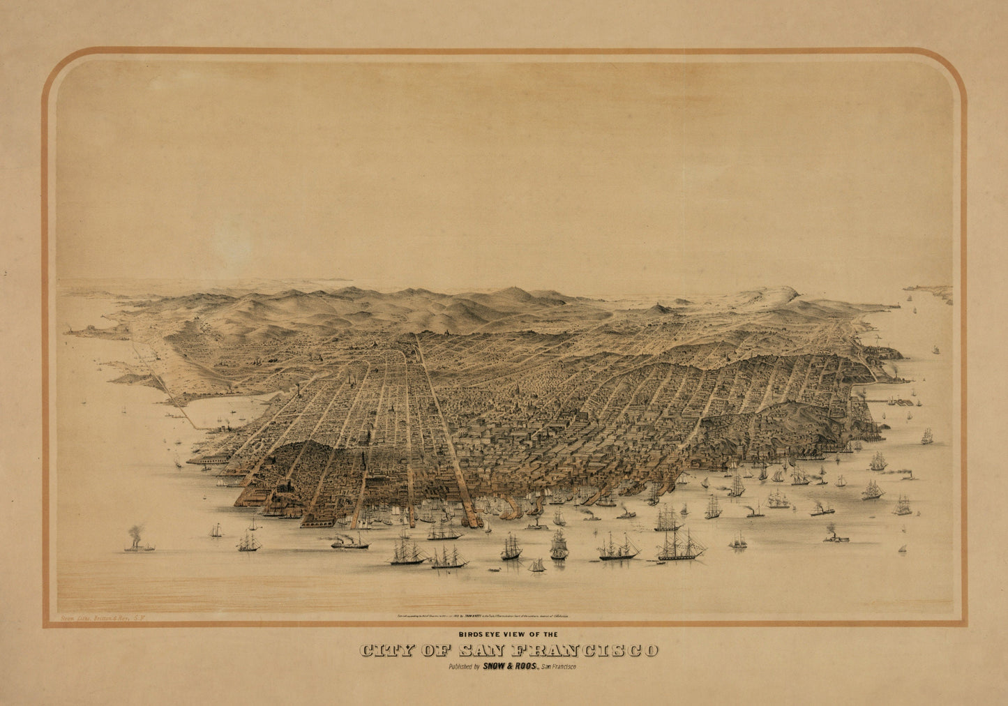 San Francisco Birds Eye View Map 1868 – antique art print from Ninska Designs