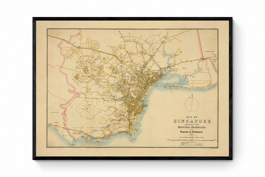 Singapore Map - Antique Reproduction - Dated 1905 - CIty Plan showing principal residences and places of interest - Available Framed