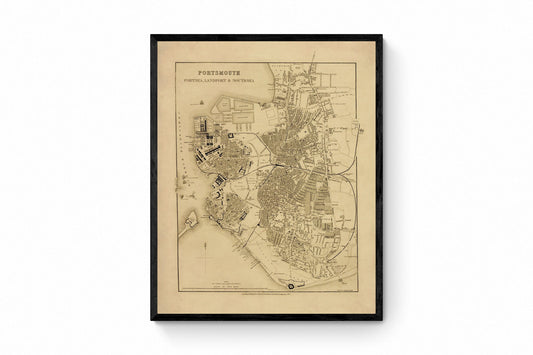 Portsmouth, Portsea, Landport and Southsea Map - Antique Reproduction - 19th Century Map - Detailed City Plan - Hampshire - Available Framed