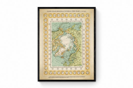 North Polar Regions and Universal Time Chart (Northern Hemisphere) dated 1909 Antique Reproduction - Arctic Exploration - Available Framed