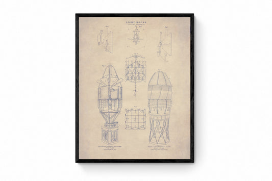 Lighthouse Diagram - Antique Reproduction - Lighting Apparatus - Dioptric and Catadioptric Lights - Nautical Decor - Available Framed