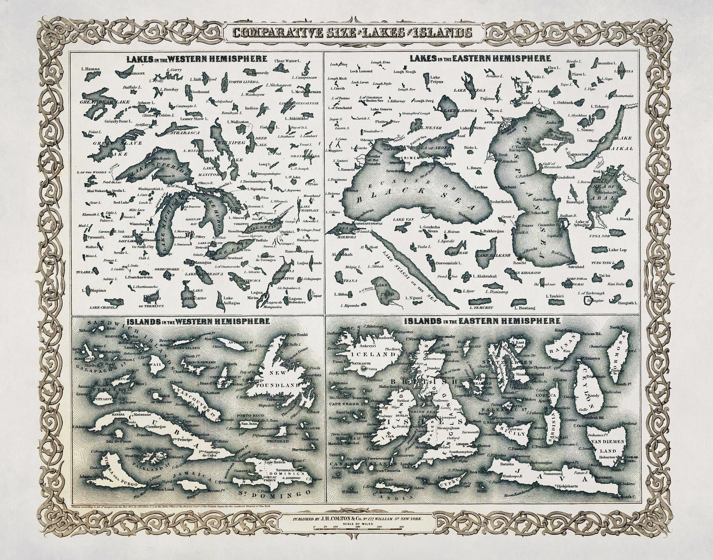 Comparative Size of Lakes and Islands in the Western and Eastern Hemispheres Antique Reproduction – antique art print from Ninska Designs