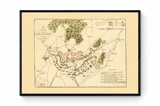 Battle of Waterloo Map showing positions in Battle - Antique Reproduction - Military History - Vintage Wall Map - Available Framed