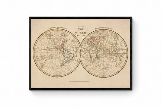 The World in Hemispheres Map dated 1799 - Antique Reproduction - Clement Cruttwell - Available Framed