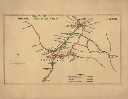 Railway Map - Brightside, Sheffield & Blackburn Valley 1912-14 - Antique Reproduction - Yorkshire - Lancashire - Available Framed