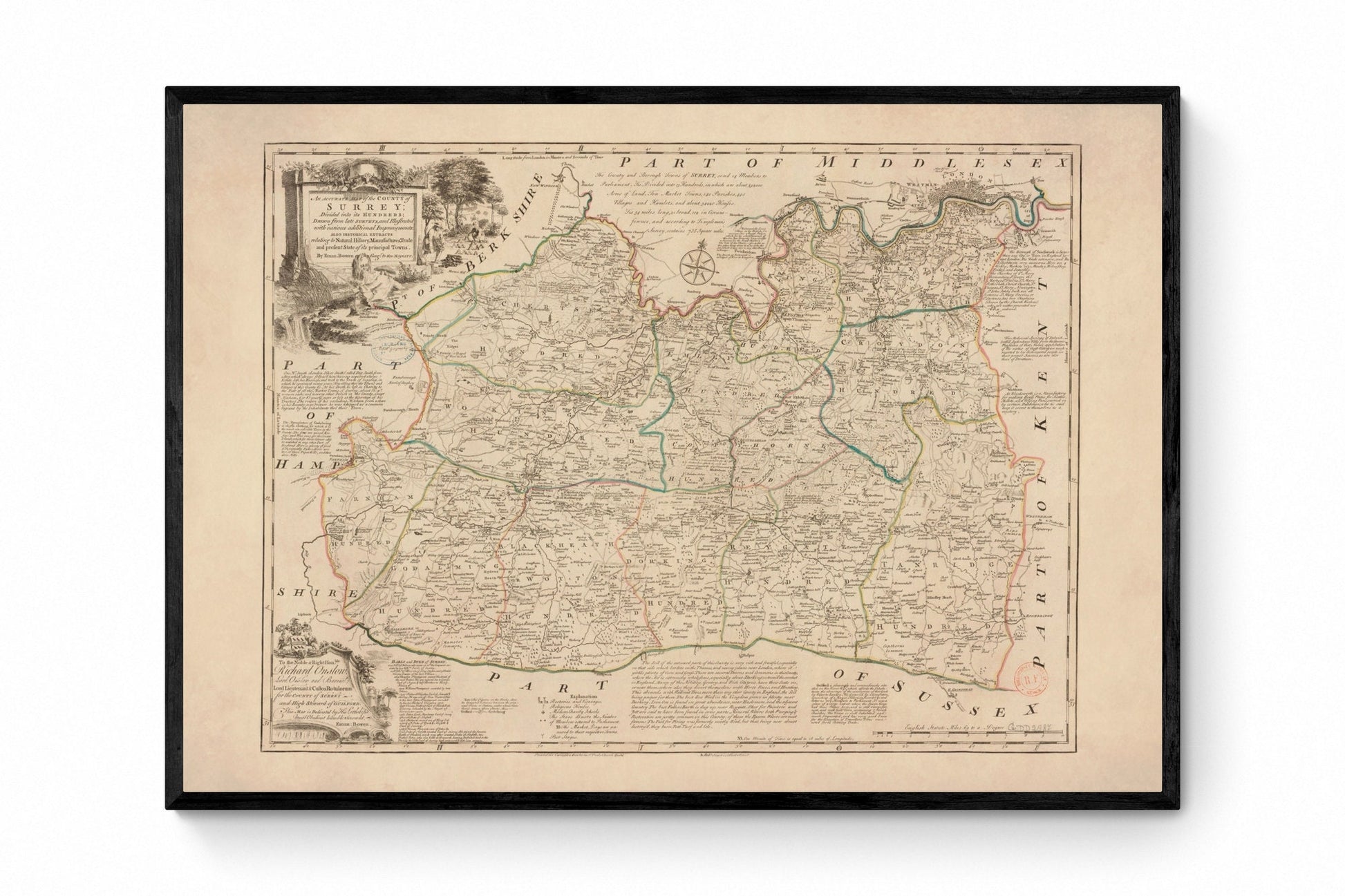 Surrey Map dated 1749 – antique art print from Ninska Designs