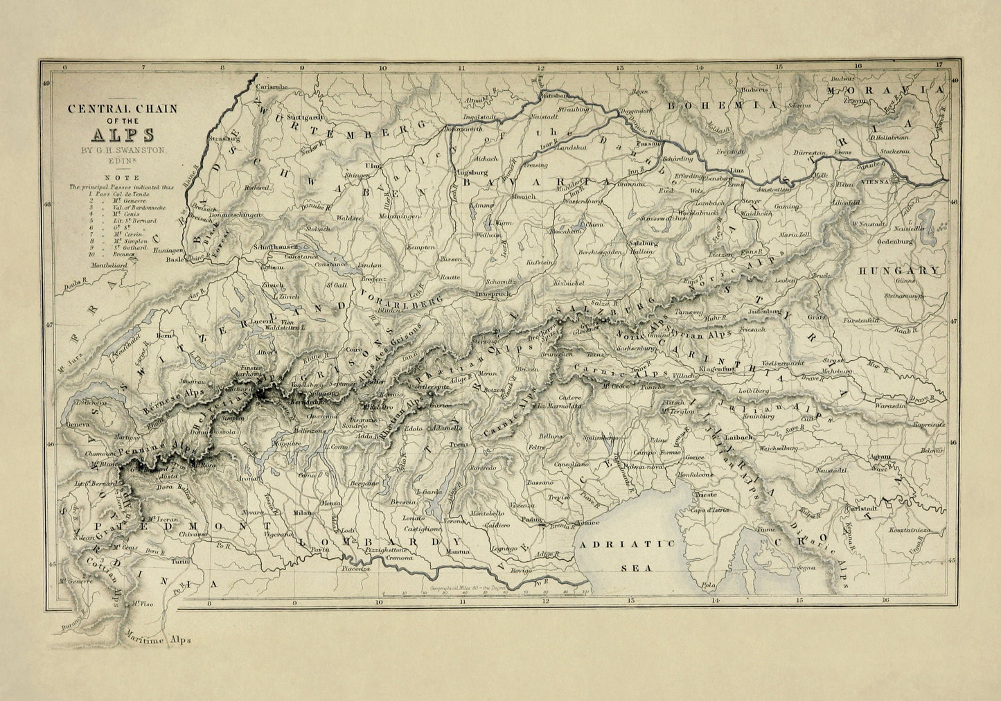Central Chain of the Alps Map dated 1871 1871 – antique art print from Ninska Designs
