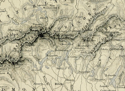 Central Chain of the Alps Map dated 1871 - Antique Reproduction - Mountain Pass - Switzerland - Austria - Italy - France - Available Framed