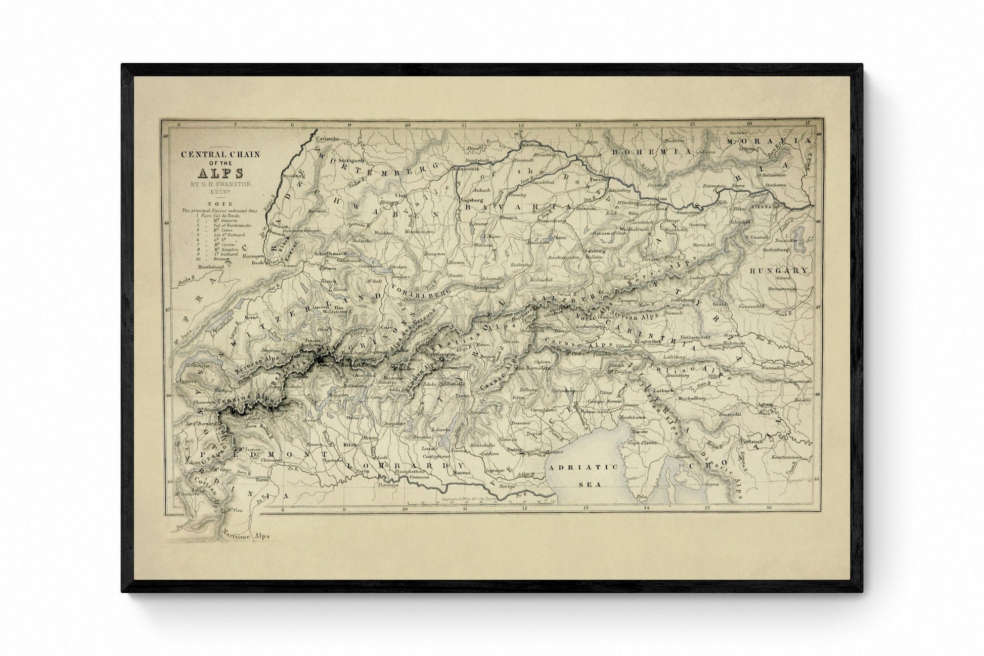 Central Chain of the Alps Map dated 1871 1871 – antique art print from Ninska Designs