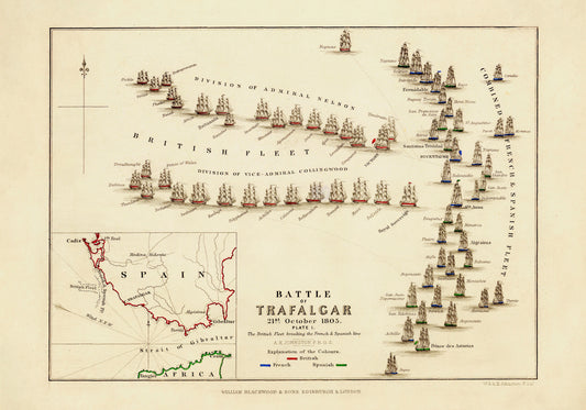 Battle of Trafalgar Map showing positions in Battle