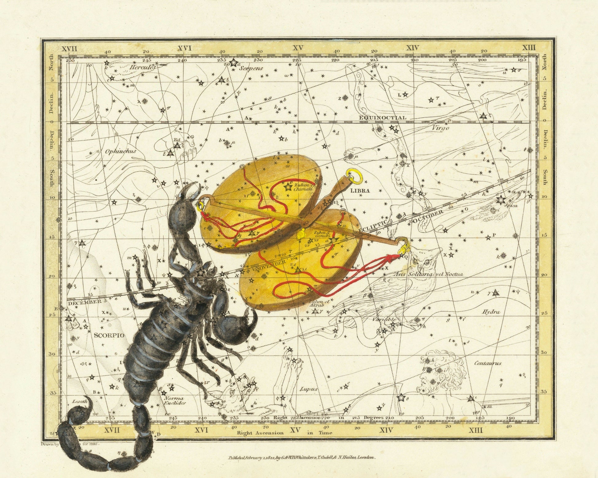 Scorpio & Libra Constellations Antique Reproduction 1822 – antique art print from Ninska Designs