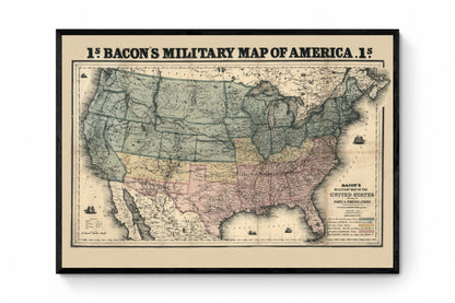 Bacon's Military Map of the United States dated 1862 1862 – antique art print from Ninska Designs