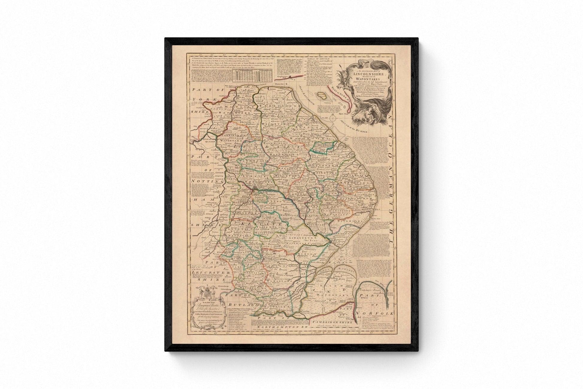 Lincolnshire Map dated 1755 - Antique Reproduction - Emanuel Bowen - Detailed County Map - Available Framed