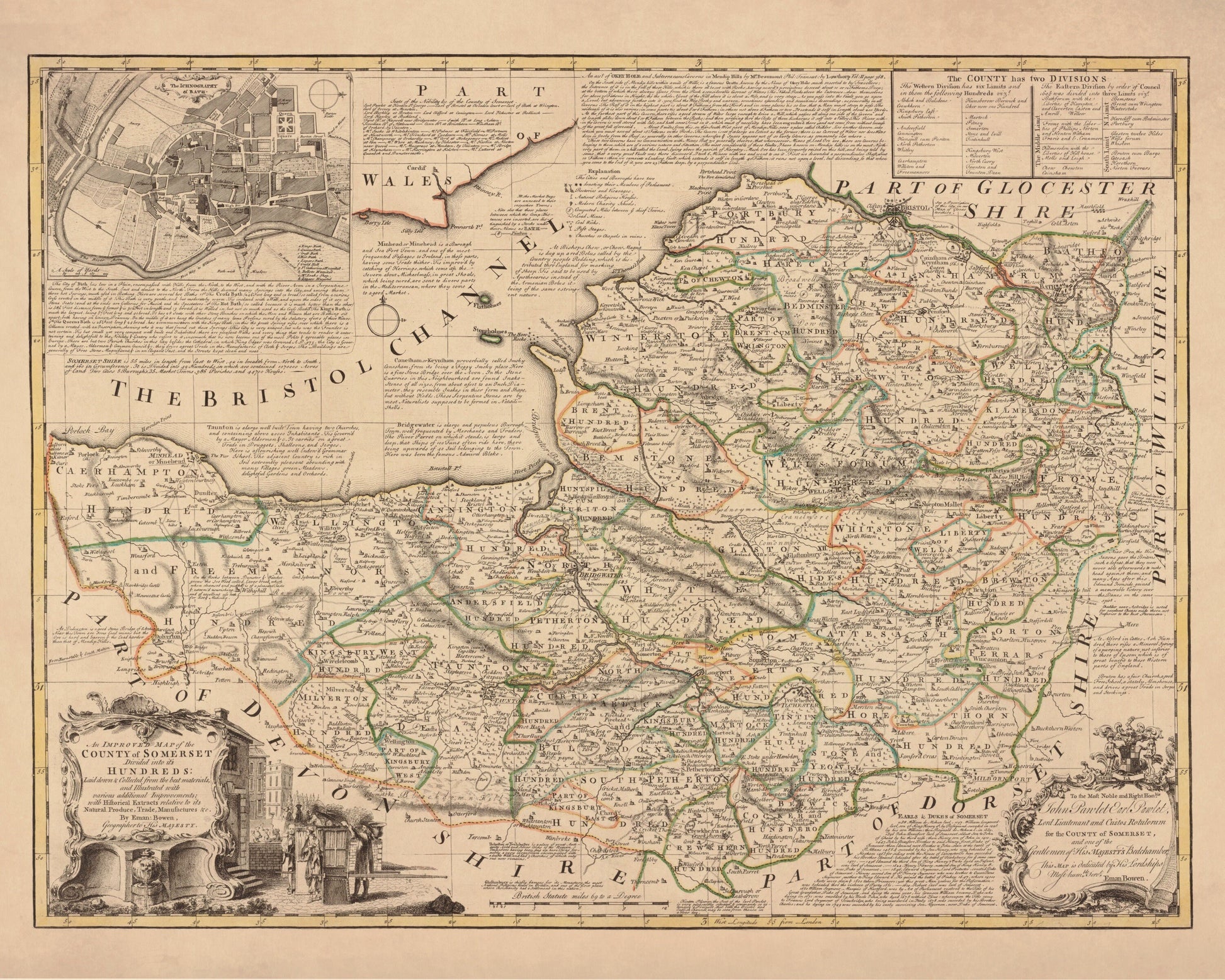 Somerset Map dated 1750 - Antique Reproduction - Emanuel Bowen - Detailed County Map - Available Framed