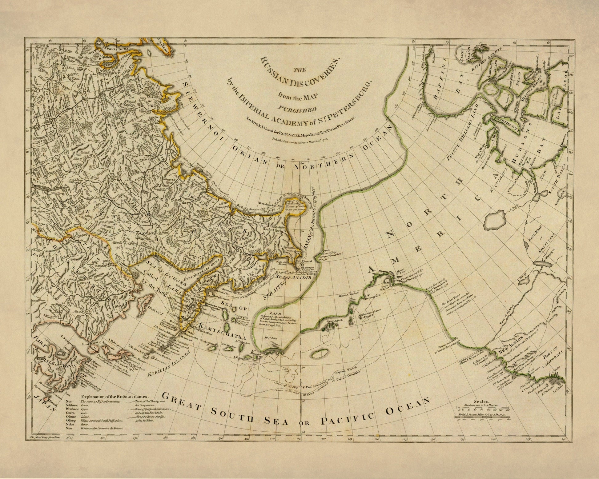Russian Discoveries in Asia and America Map dated 1776 – antique art print from Ninska Designs