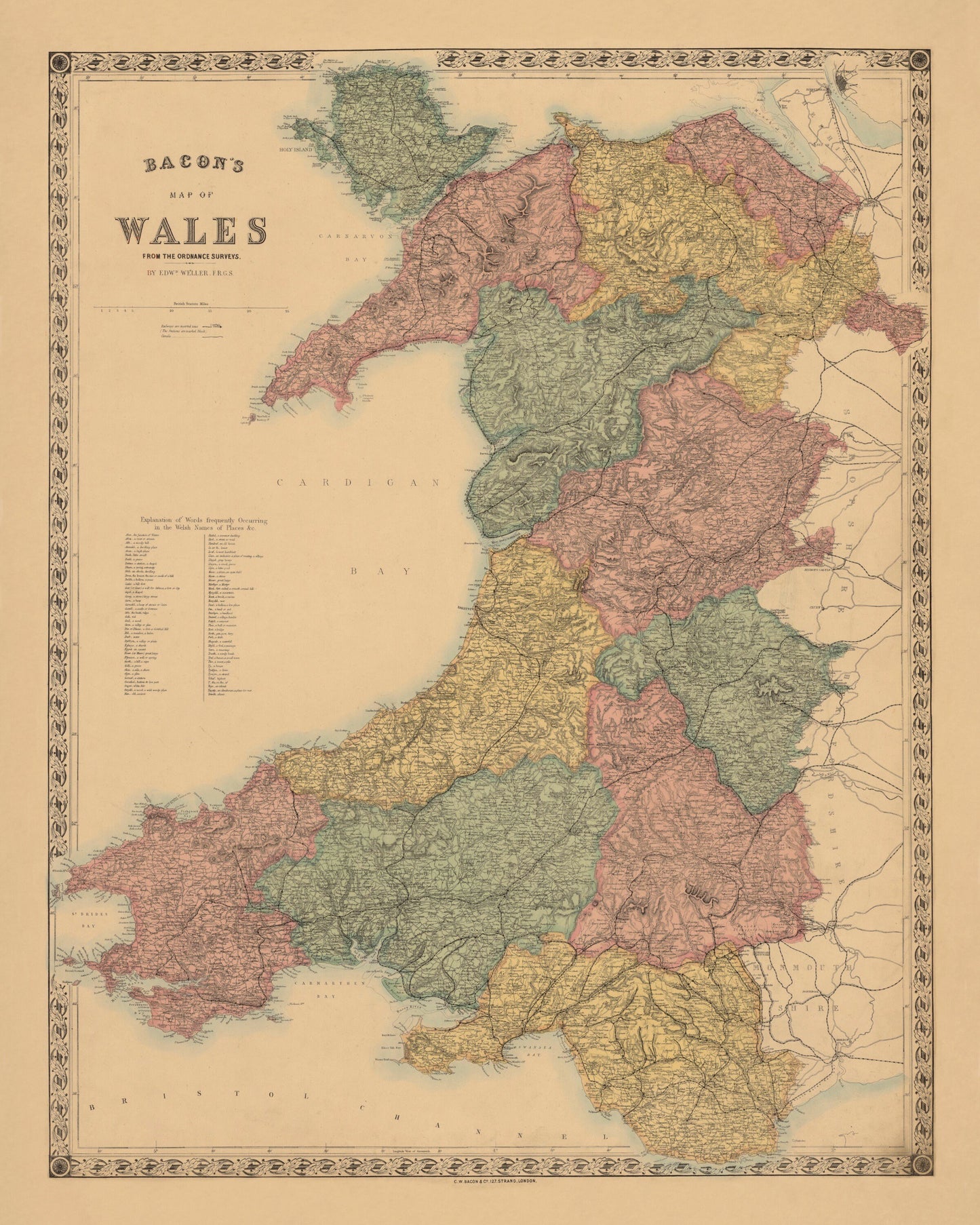 Wales map from Ordnance Surveys dated c.1890 - Antique Reproduction - Available Framed