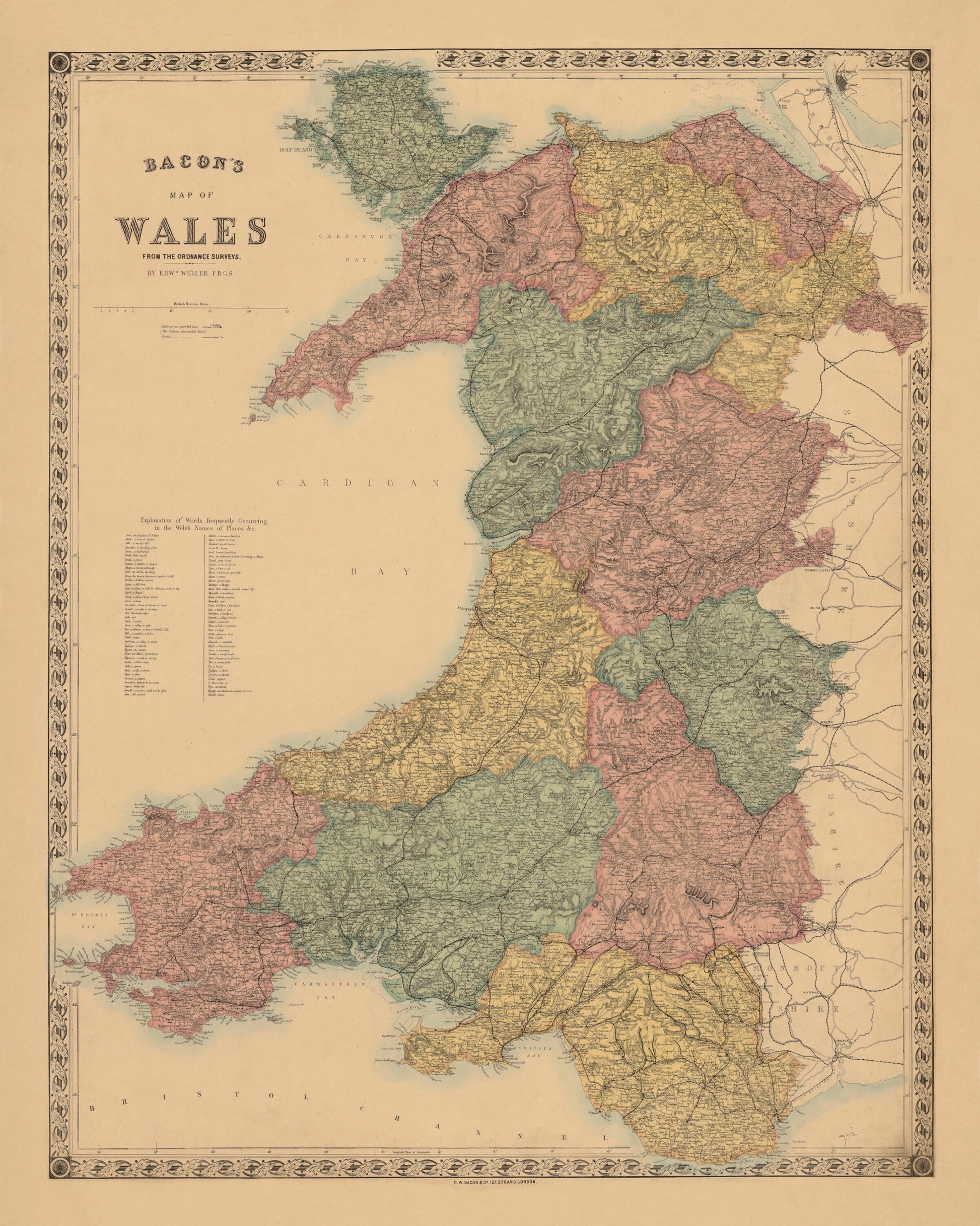 Wales map from Ordnance Surveys dated c.1890 - Antique Reproduction - Available Framed