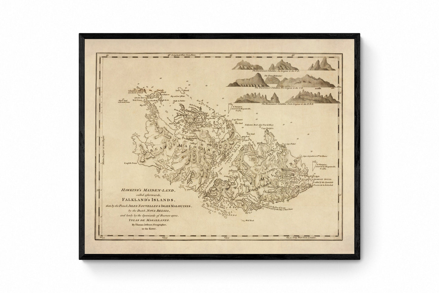 Falkland Islands Map dated 1764 - Antique Reproduction - Hawkins Maiden-land - Available Framed