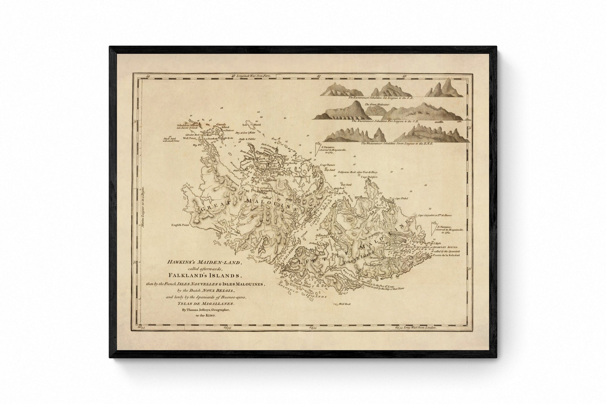 Falkland Islands Map dated 1764 - Antique Reproduction - Hawkins Maiden-land - Available Framed