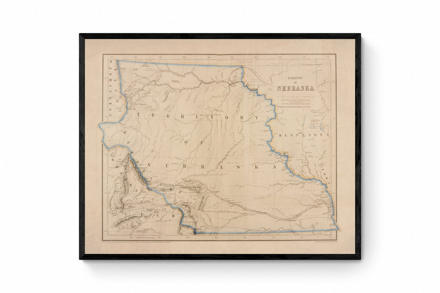 Territory of Nebraska map dated 1857 showing the proposed Pacific Railroad route - United States - Antique Reproduction - Available Framed