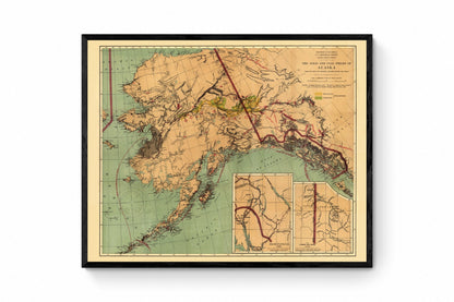 The Gold and Coal Fields of Alaska dated 1898 showing Steamer Routes and Trails 1898 – antique art print from Ninska Designs