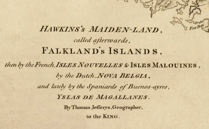 Falkland Islands Map dated 1764 - Antique Reproduction - Hawkins Maiden-land - Available Framed