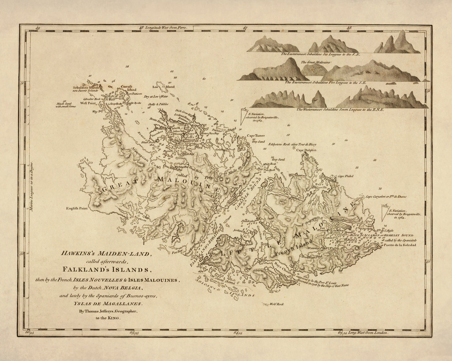 Falkland Islands Map dated 1764 - Antique Reproduction - Hawkins Maiden-land - Available Framed
