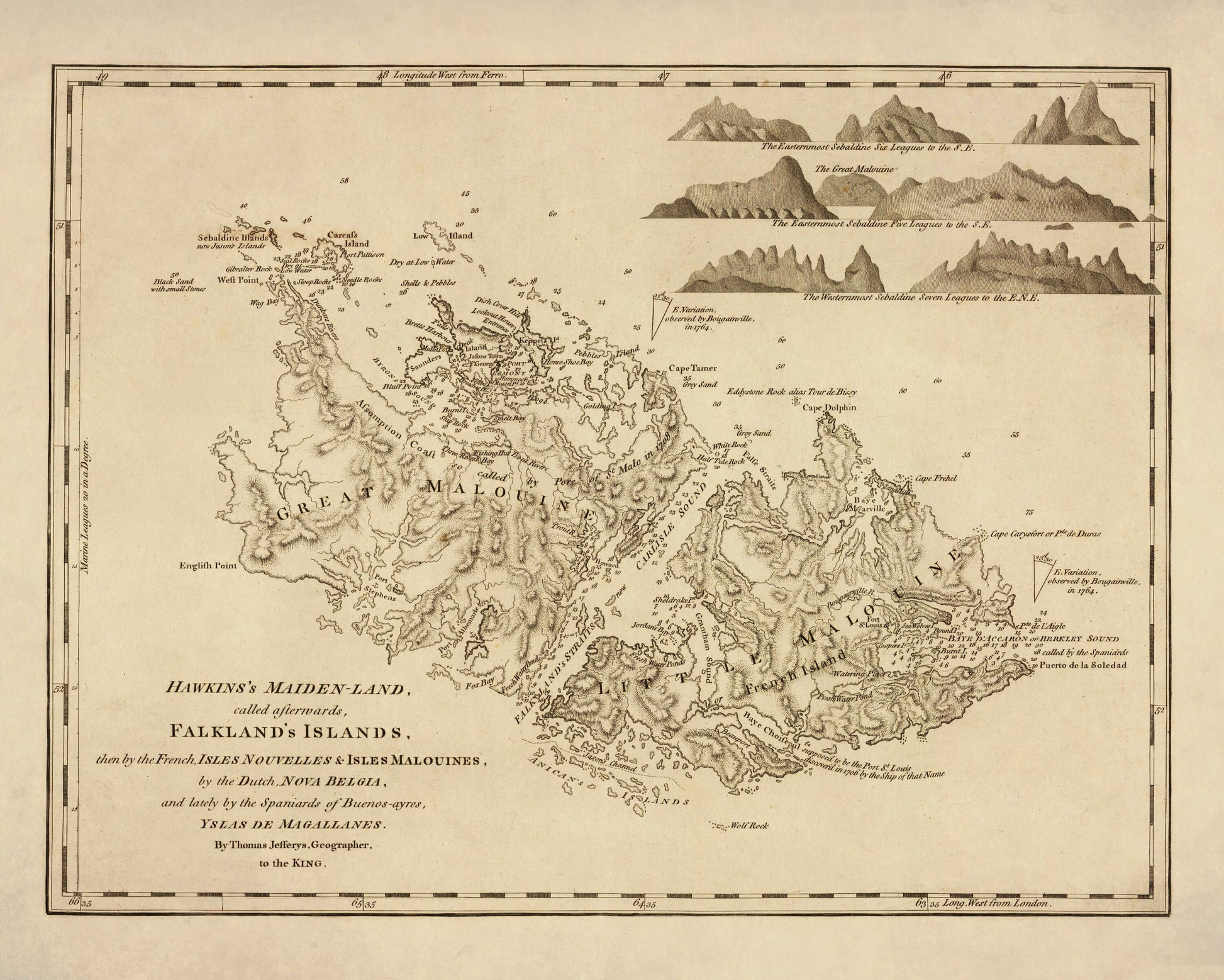 Falkland Islands Map dated 1764 - Antique Reproduction - Hawkins Maiden-land - Available Framed