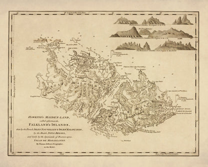 Falkland Islands Map dated 1764 - Antique Reproduction - Hawkins Maiden-land - Available Framed
