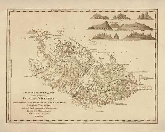 Falkland Islands Map dated 1764 - Antique Reproduction - Hawkins Maiden-land - Available Framed