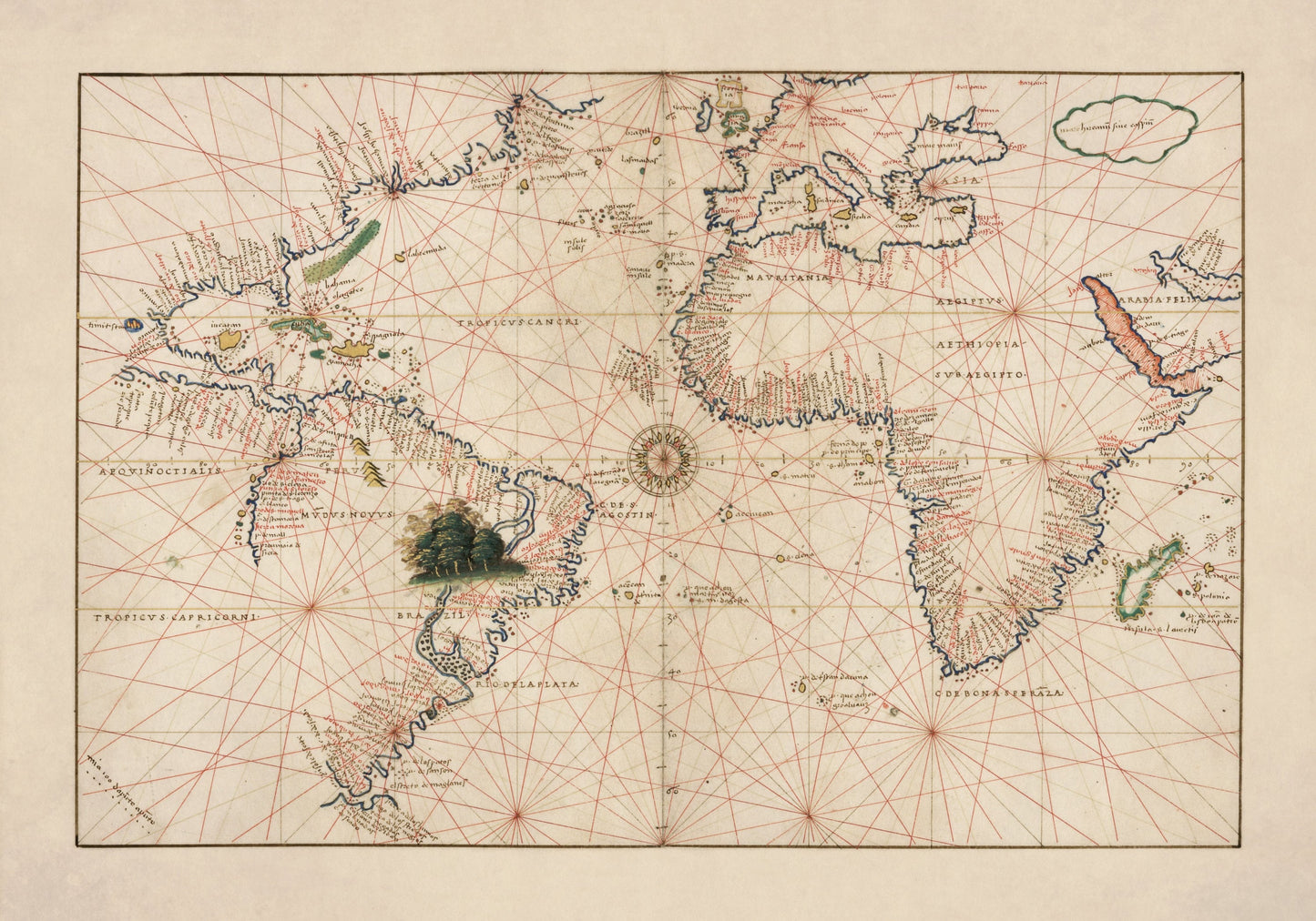 Atlantic Ocean Portolan Nautical Chart dated 1544 - Antique Reproduction - Navigation Chart - Available Framed