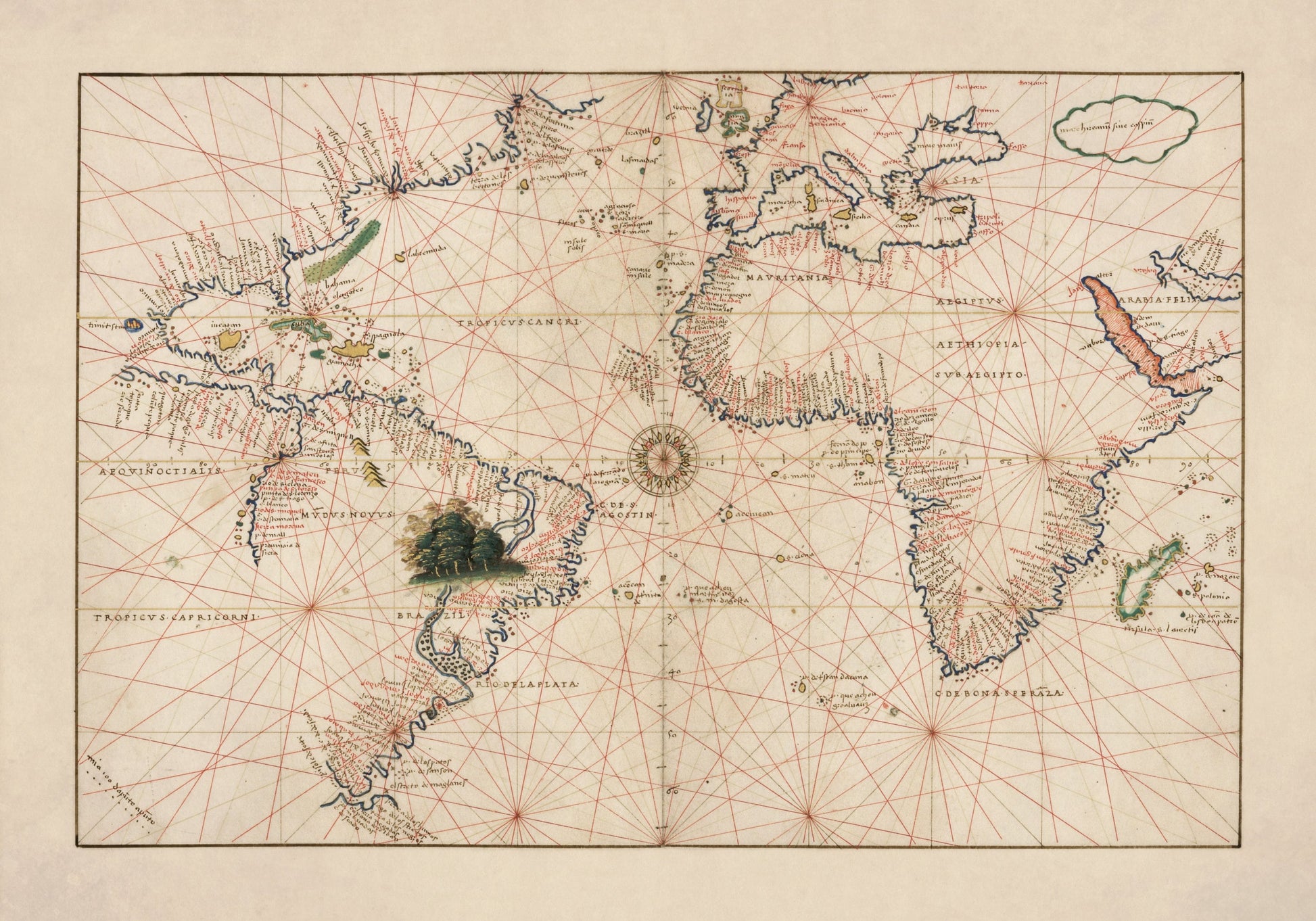 Atlantic Ocean Portolan Nautical Chart dated 1544 - Antique Reproduction - Navigation Chart - Available Framed