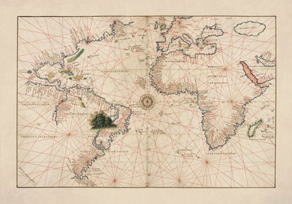 Atlantic Ocean Portolan Nautical Chart dated 1544 - Antique Reproduction - Navigation Chart - Available Framed