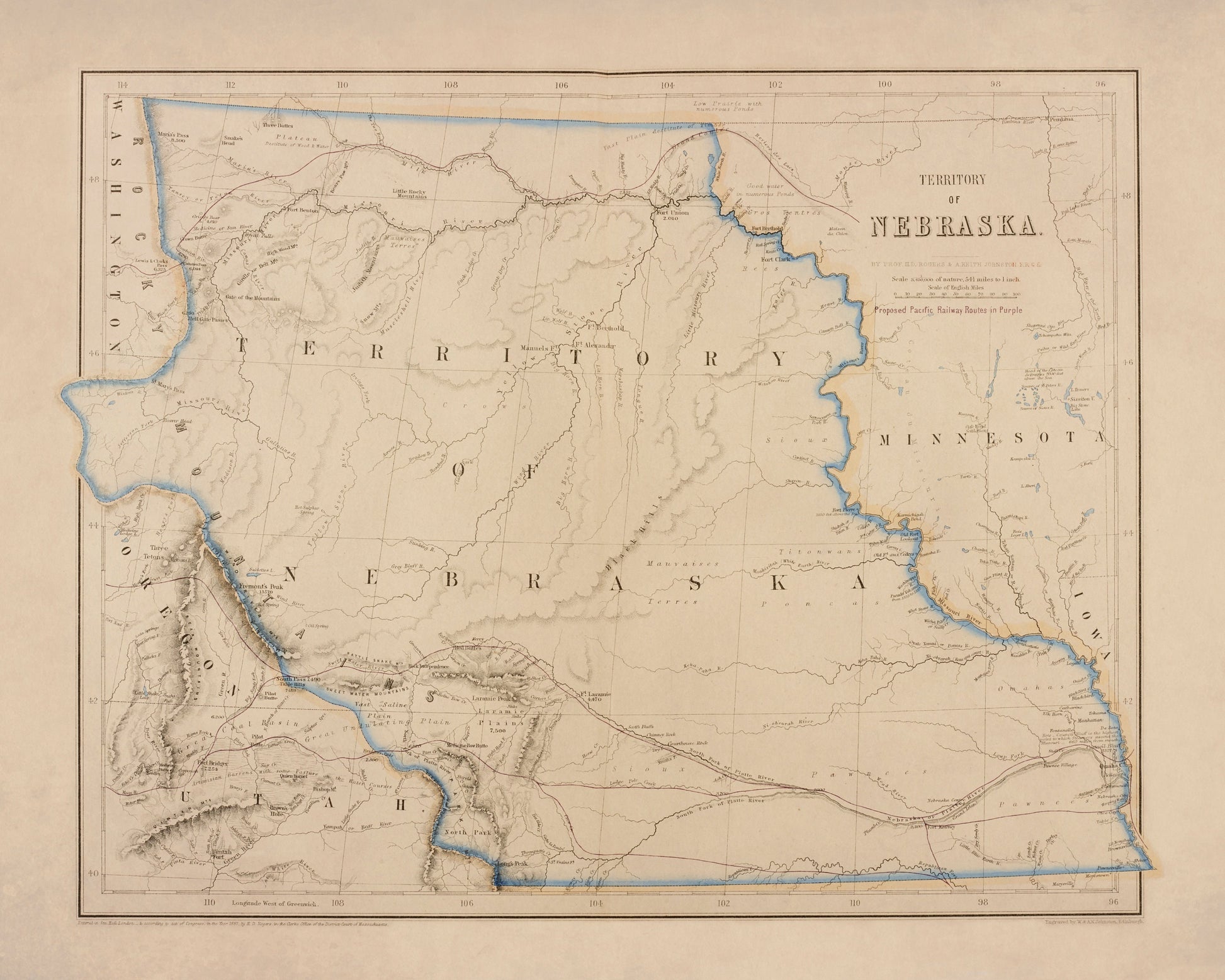 Territory of Nebraska map dated 1857 showing the proposed Pacific Railroad route - United States - Antique Reproduction - Available Framed
