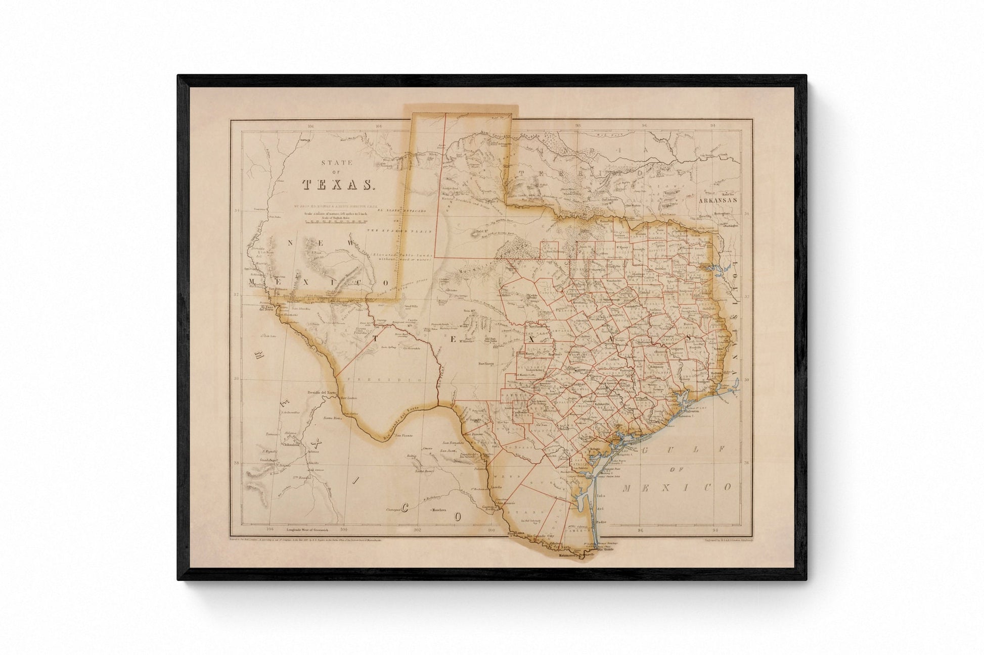State of Texas map dated 1857 1857 – antique art print from Ninska Designs