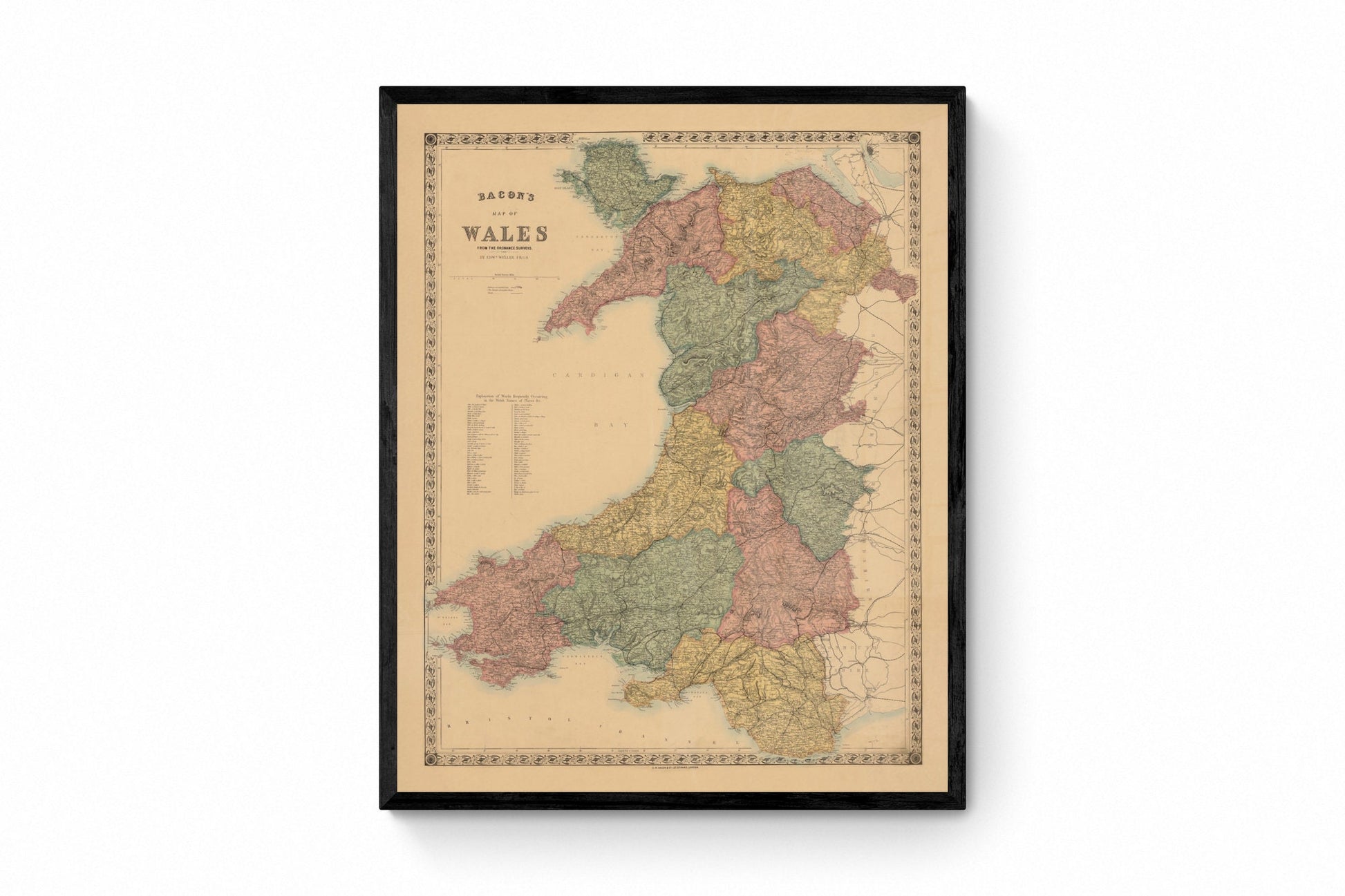 Wales map from Ordnance Surveys dated c.1890 - Antique Reproduction - Available Framed