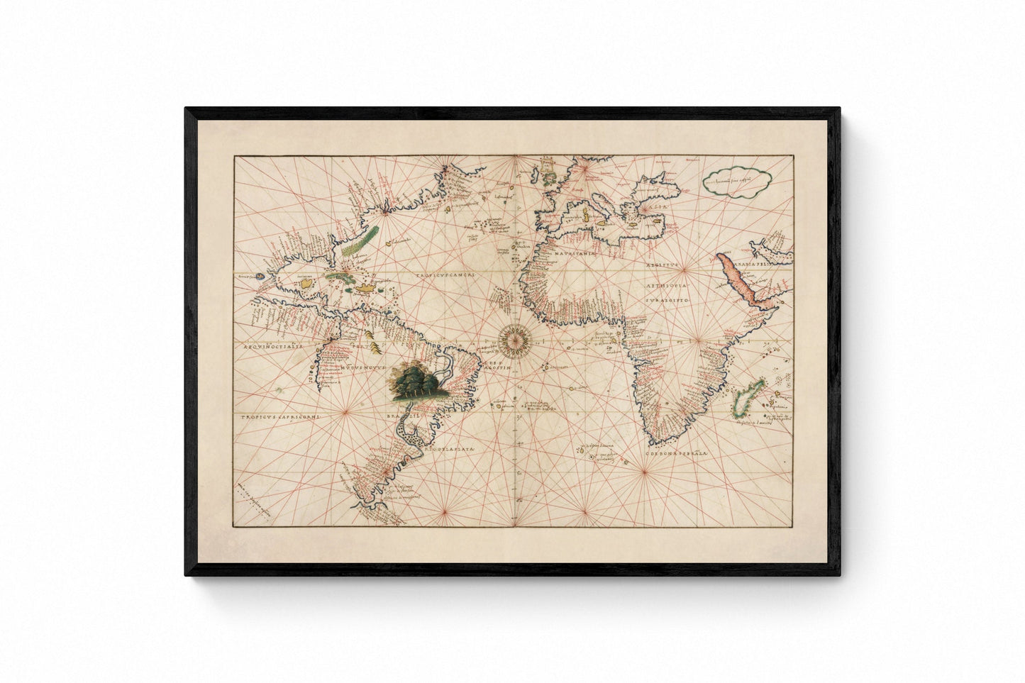 Atlantic Ocean Portolan Nautical Chart dated 1544 - Antique Reproduction - Navigation Chart - Available Framed