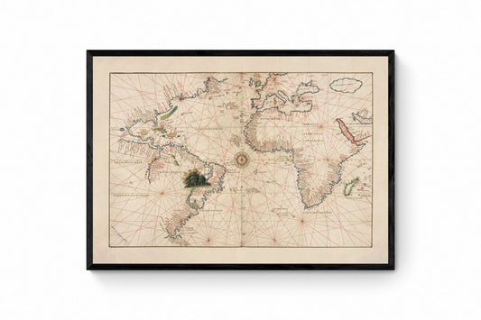 Atlantic Ocean Portolan Nautical Chart dated 1544 - Antique Reproduction - Navigation Chart - Available Framed
