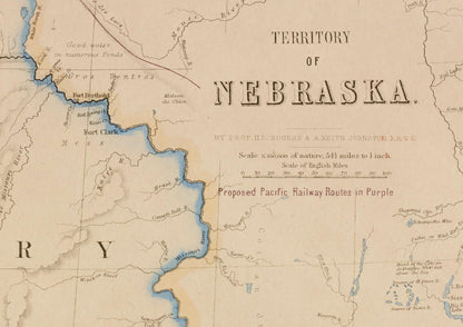 Territory of Nebraska map dated 1857 showing the proposed Pacific Railroad route - United States - Antique Reproduction - Available Framed