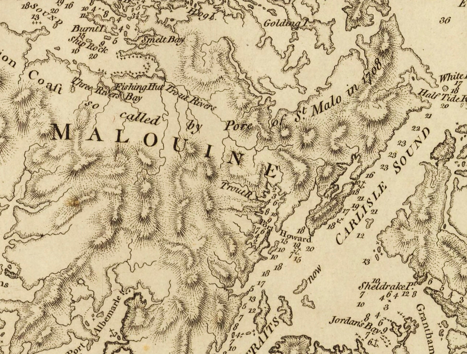 Falkland Islands Map dated 1764 - Antique Reproduction - Hawkins Maiden-land - Available Framed