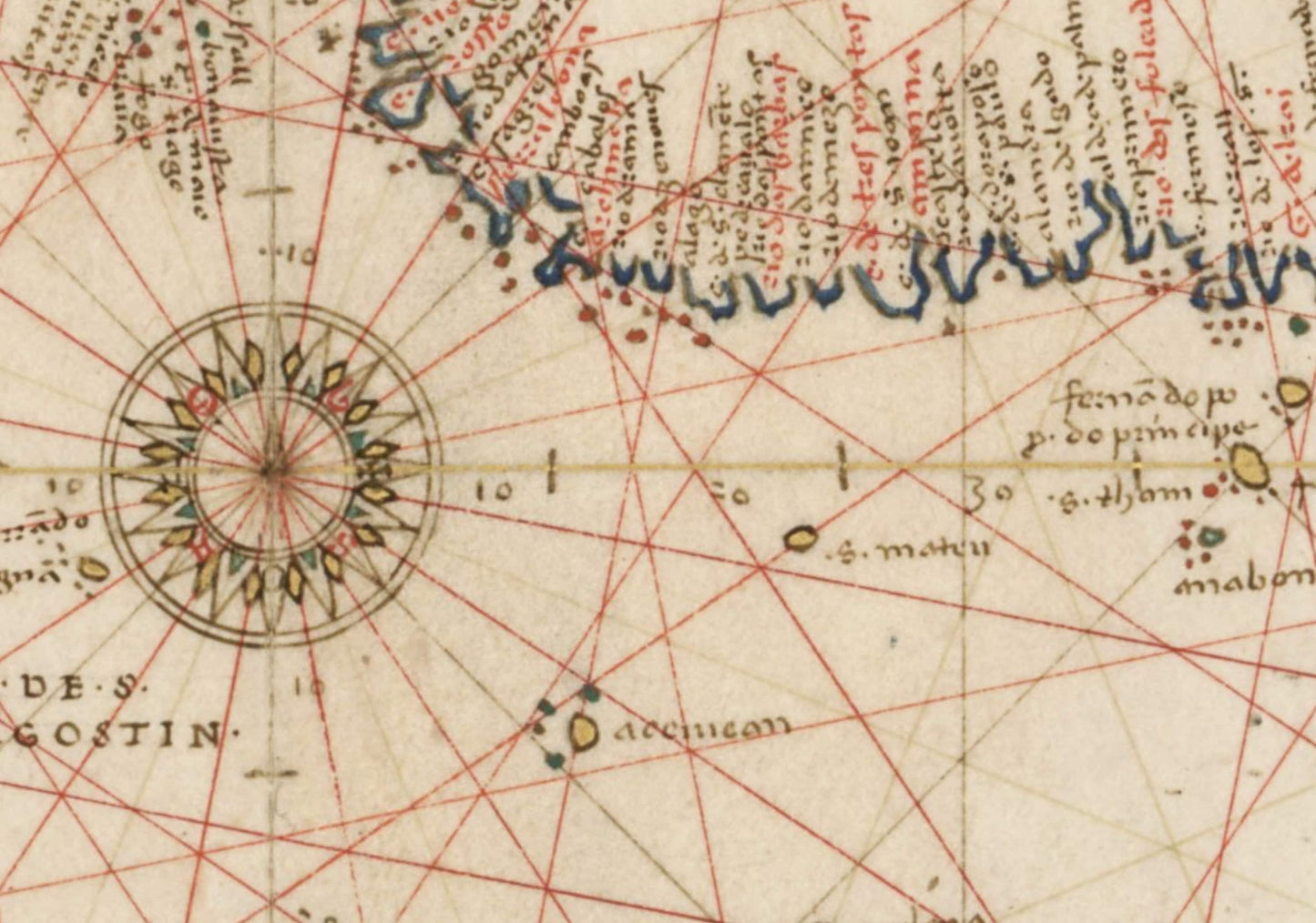 Atlantic Ocean Portolan Nautical Chart dated 1544 - Antique Reproduction - Navigation Chart - Available Framed